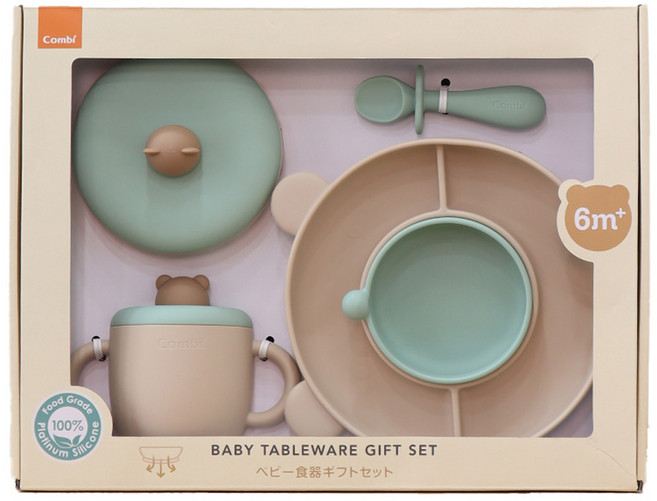 콤비 실리콘 이유식기 4종 선물세트, 민트베이지, 1세트, 흡착볼 + 빨대컵 + 흡착식판 + 스푼