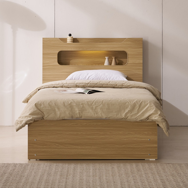 공간사이 엘로나 LED 빅수납 침대 프레임 + 본넬 매트리스 세트 방문설치, 오크(프레임), 화이트(매트리스)