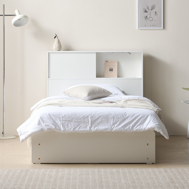 공간사이 솔라빈 LED 빅수납 침대 프레임 + 본넬 매트리스 세트 방문설치, 화이트