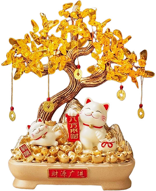 Mass 財源廣進招財貓發財樹 新中式擺件 客廳/玄關/辦公室/開店/吉祥裝飾, 燕麥色