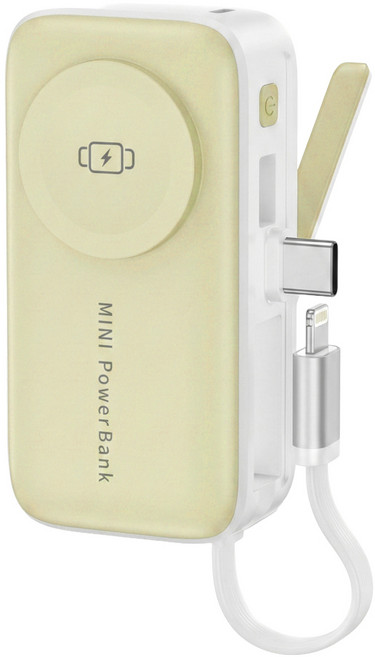 VOORCA 20W快充 自帶線4合1迷你行動電源 4800mAh Type-C + Lightning, 鵝黃色, 3N1-5K