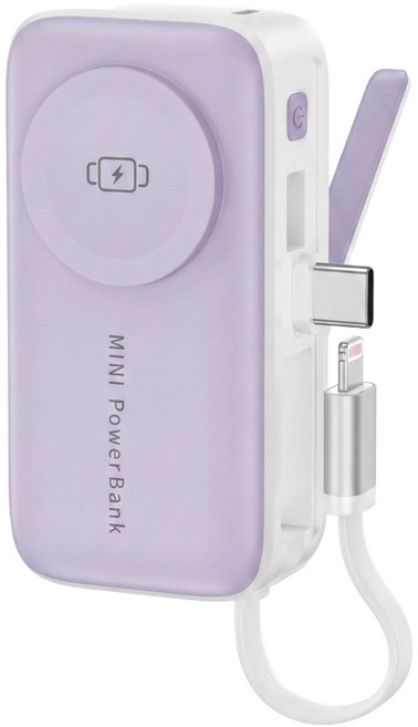 VOORCA 20W快充 自帶線4合1迷你行動電源 4800mAh Type-C + Lightning, 紫色, 3N1-5K