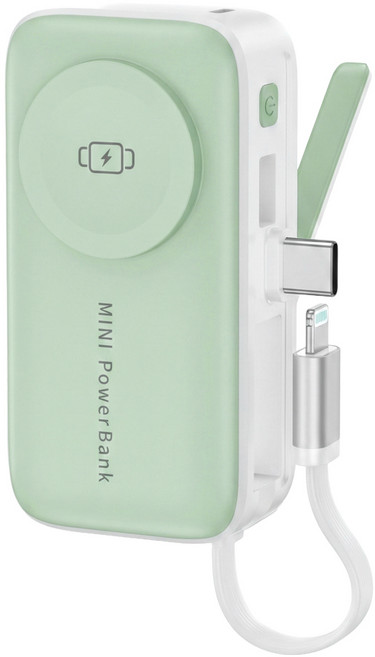 VOORCA 20W快充 自帶線4合1迷你行動電源 4800mAh Type-C + Lightning, 綠色, 3N1-5K