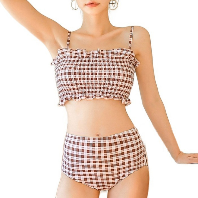 HERRINGBONE apparel 荷葉邊格紋綁帶比基尼上衣 高腰兩件式泳裝 CE014, Pepe