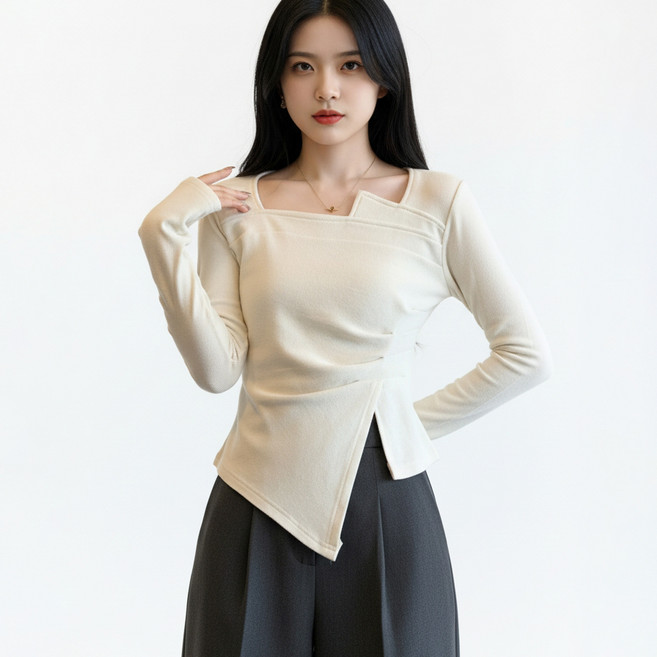 마켓피아 여성용 언발란스 레이어 스퀘어넥 긴팔 티셔츠