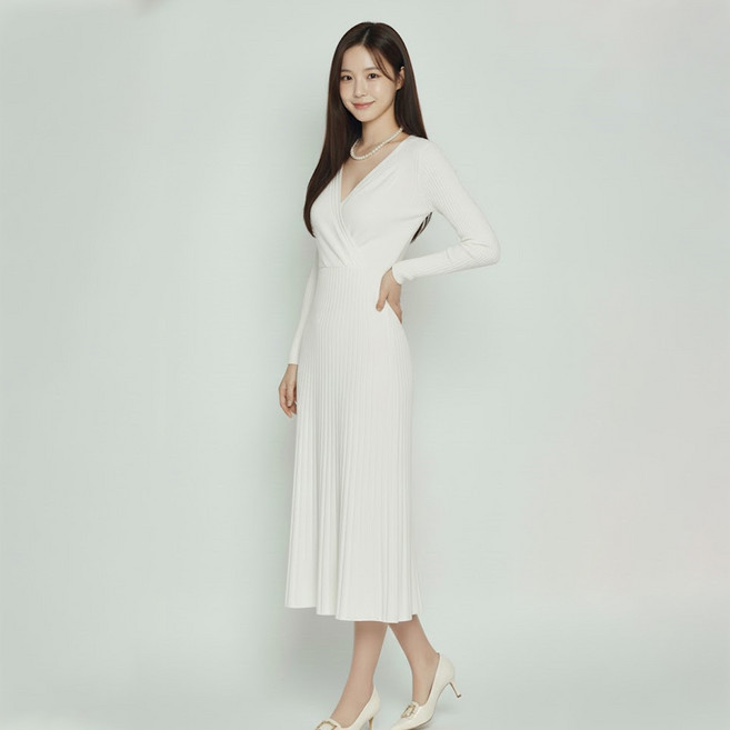 Paperments BERRYWELL 裹身V領針織長版連身裙 14247, 白色