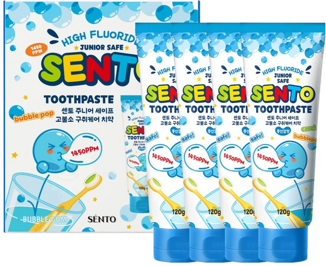 센토 주니어 세이프 구취케어 어린이치약 풍선껌향, 120g, 4개