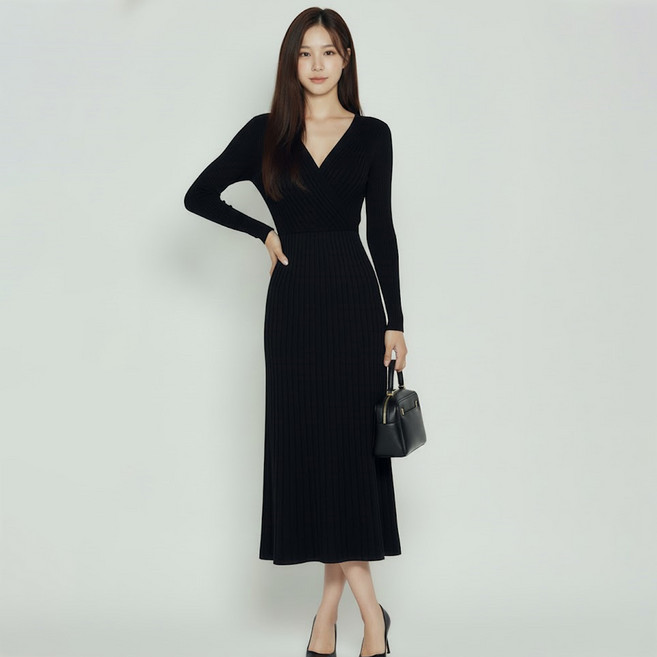 Paperments BERRYWELL 裹身V領針織長版連身裙 14247, 黑色