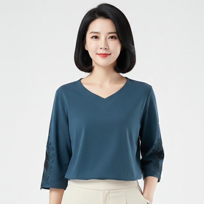 마켓피아 여성용 엄마 V넥 7부소매 레이스 블라우스