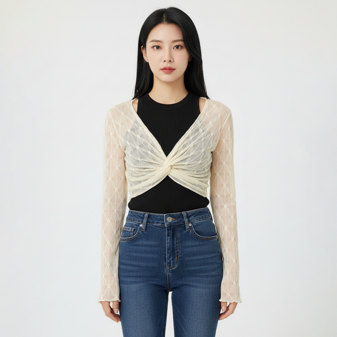 marketpia 女款媽媽裝透膚麻花短版開襟衫