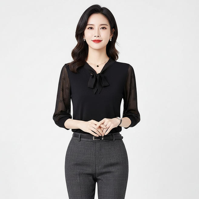 marketpia 女款透膚袖蝴蝶結襯衫