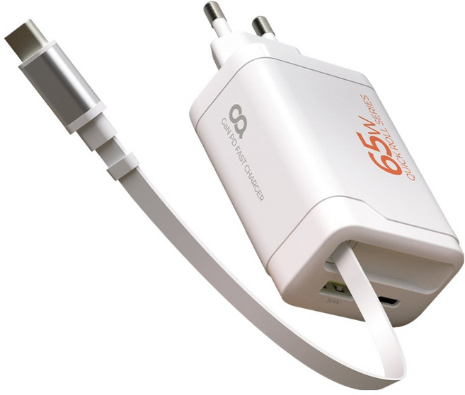 오아 퀵롤차저 65W GaN C타입 케이블 일체형 초고속 2포트 멀티 고속 핸드폰 충전기, 화이트, 1개