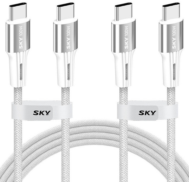 SKY 비트 100W PD PPS C to C 고강도 패브릭 초고속충전 메탈 케이블, 1.2m, 2개, 화이트