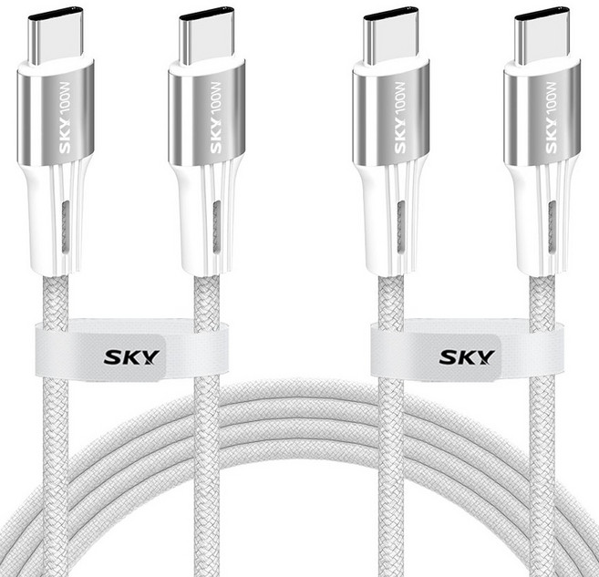 SKY 비트 100W PD PPS C to C 고강도 패브릭 초고속 충전 메탈 케이블, 2m, 2개, 화이트