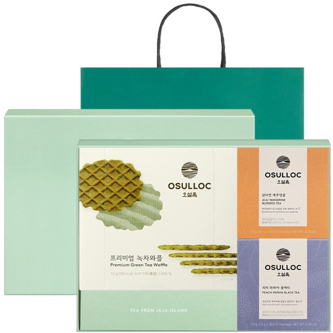오설록 와플 티타임 선물세트 + 쇼핑백, 피치 파파야 블랙티 티백 3p + 삼다연 제주영귤 티백 3p + 녹차 와플, 1세트