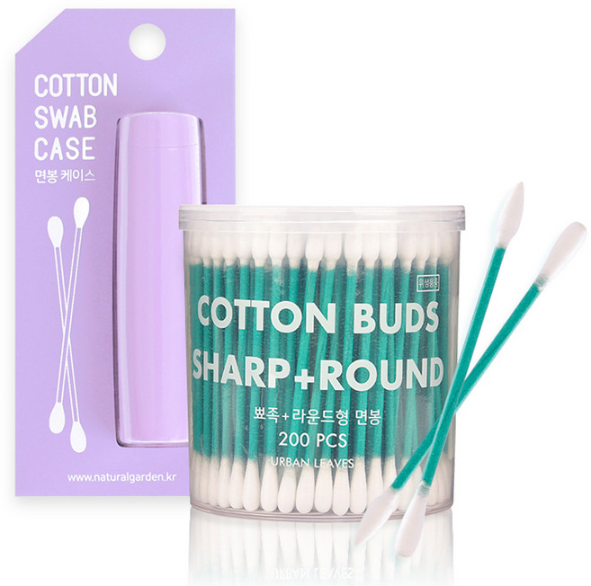 어반리브즈 휴대용 면봉 케이스 VIOLET + 뾰족 라운드 면봉 200p, 1세트