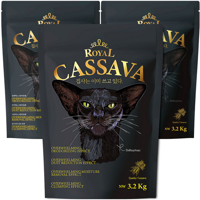 로얄 카사바 냄새먹는 고양이 모래 무향, 3.2kg, 3개
