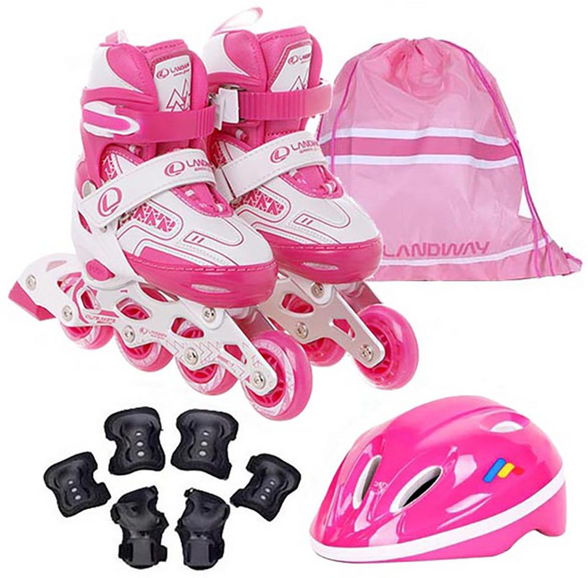 LANDWAY 兒童用 Mount 直排輪 + 安全帽 + 3件式護具 + 收納袋組合, 粉紅色(直排輪, 收納袋, 安全帽), 黑色(護具), 1套