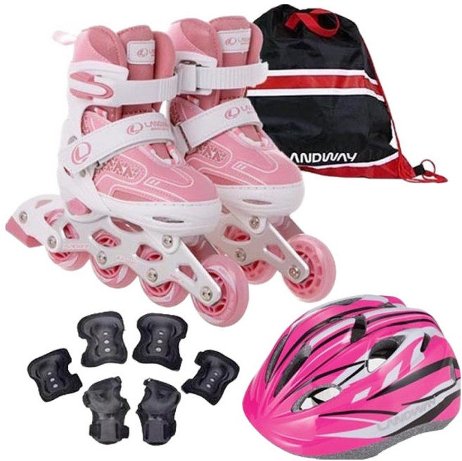 랜드웨이 아동용 마운트 인라인 스케이트 + 헬맷 + 보호대 3종 + 가방 세트, 인디핑크(인라인스케이트), 핑크(헬맷), 블랙(보호대), 1세트