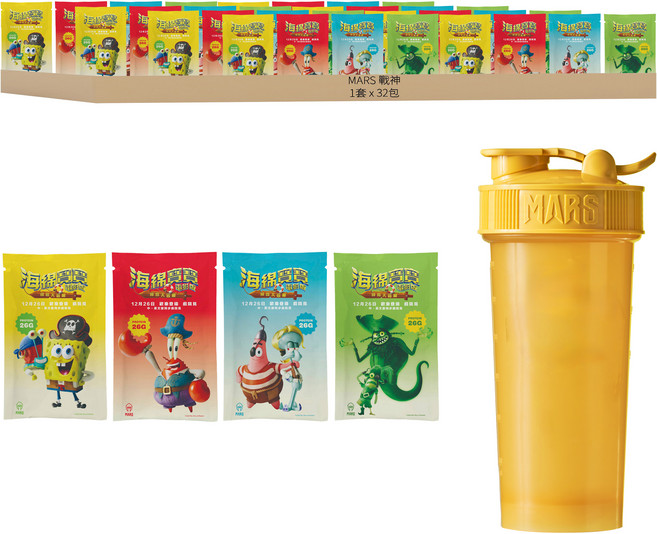 MARS 戰神 水解乳清蛋白 海綿寶寶大電影鳳梨系列風味 牛奶 8包 + 香蕉 8包 + 冰茶 8包 + 綠茶 8包 附搖搖杯, 1120g, 1套