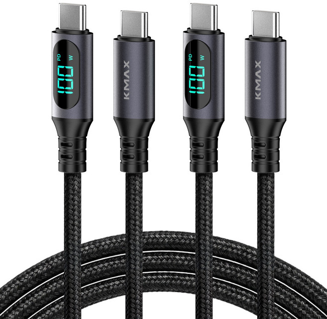 케이맥스 100W LCD 메탈패브릭 C-C타입 초고속 충전 케이블, 블랙, 2개, 2m