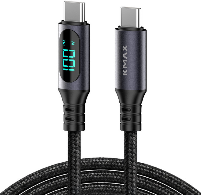 케이맥스 100W LCD 메탈패브릭 C-C타입 초고속 충전 케이블, 블랙, 1개, 1.5m