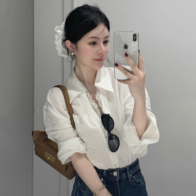 어썸풀 여성용 디모던스 레이스 긴팔 카라 셔츠 A26SPST122316