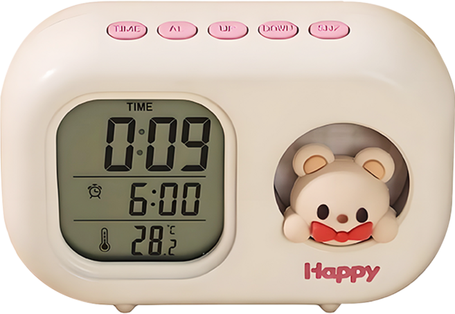 Couselect 小夜燈迷你桌面鬧鐘/數字顯示趣味高顏值電子桌面時鐘 派對小熊, 米色