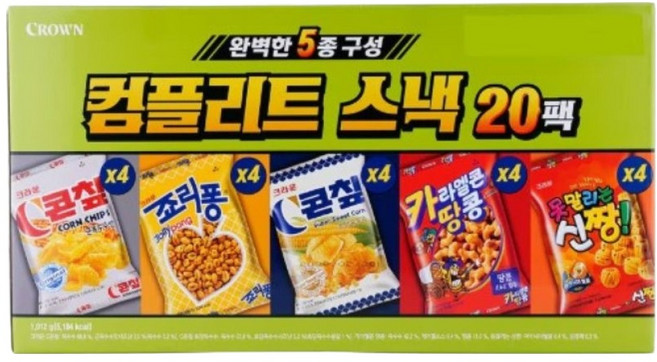 크라운 컴플리트 스낵 5종 x 4p 세트, 1세트, 콘칲 4p + 죠리퐁 4p + 콘칲 초당옥수수 4p + 카라멜콘땅콩 4p + 못말리는신짱 4p