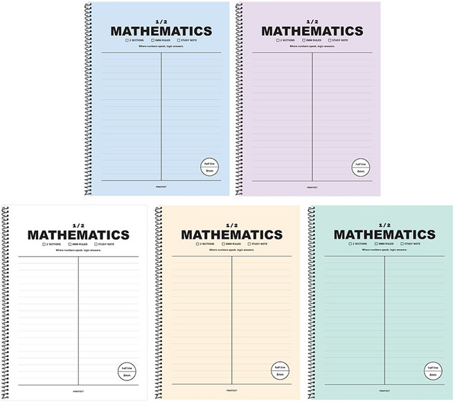 핑크풋 반반 수학 신학기 과목 노트, 혼합색상, 5개
