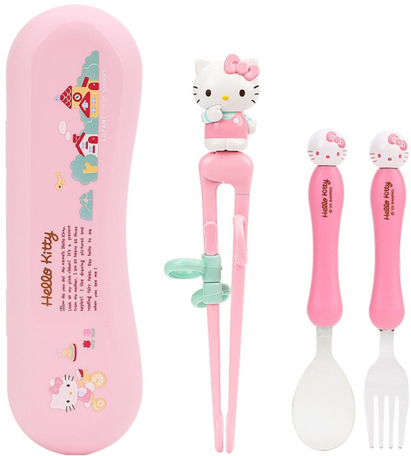 릴팡 오른손용 헬로 키티 더스틱 맥스 젓가락 + 스푼 + 포크 + 케이스 세트, 핑크, 1세트