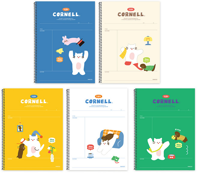 PINKFOOT Long Cat 寬格康乃爾筆記本 5入組, 藍色, 象牙白, 黃色, 白色, 綠色, 1套