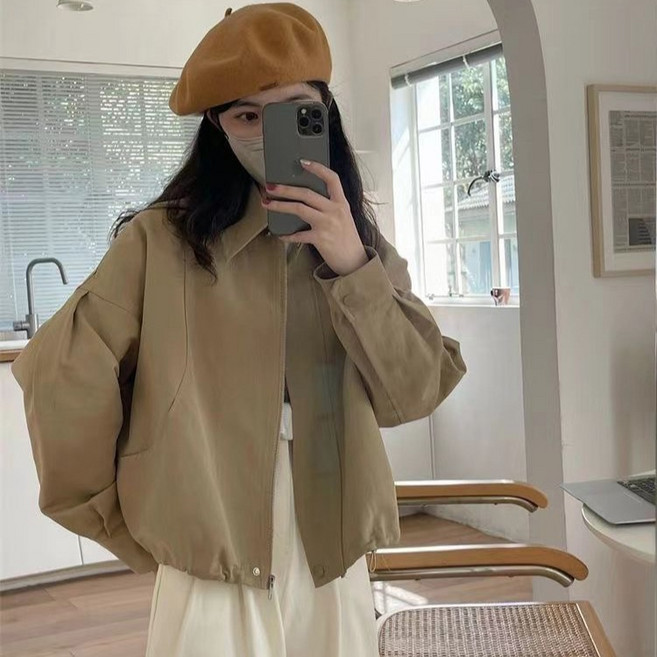 더플로우커머스 여성용 레트로 드로스트링 밑단 루즈핏 라펠 봄 점퍼