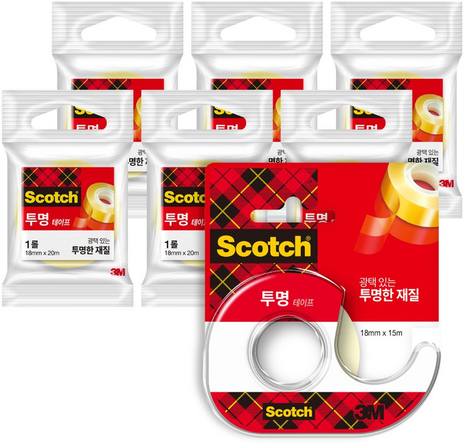 3M Scotch 3M 膠帶臺 18mm x 15m + 補充帶 18mm x 20m 6入, 透明, 1套