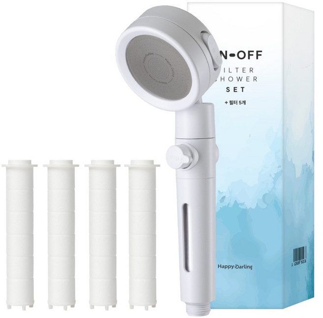 해피달링 수압상승 3단조절 온오프 필터 샤워기 헤드 + 필터 5p 세트, 화이트, 1세트