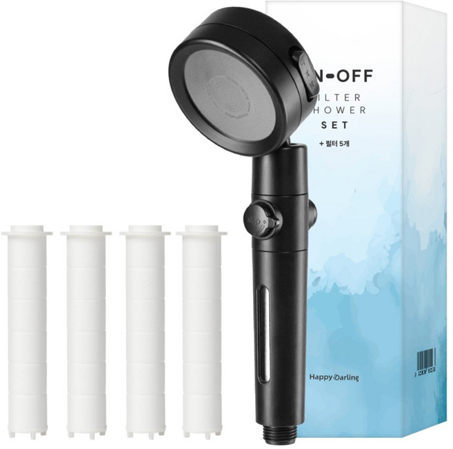 해피달링 수압상승 3단조절 온오프 필터 샤워기 헤드 + 필터 5p 세트, 블랙, 1세트
