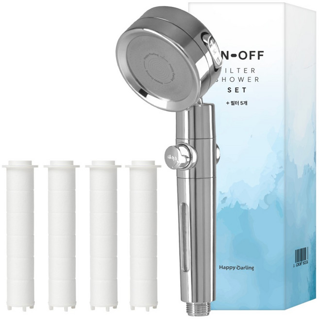 해피달링 수압상승 3단조절 온오프 필터 샤워기 헤드 + 필터 5p 세트, 실버, 1세트