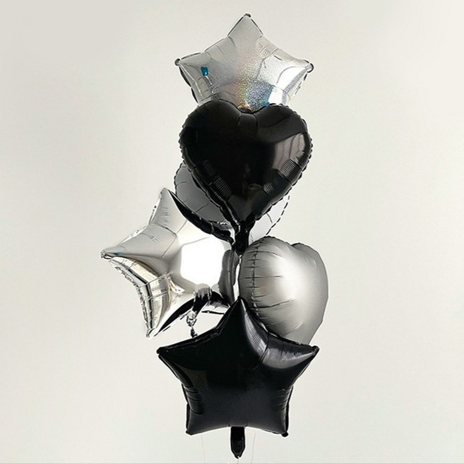 미소로운 파티 풍선 + 끈 세트, 실버블랙하트별(풍선), 2세트