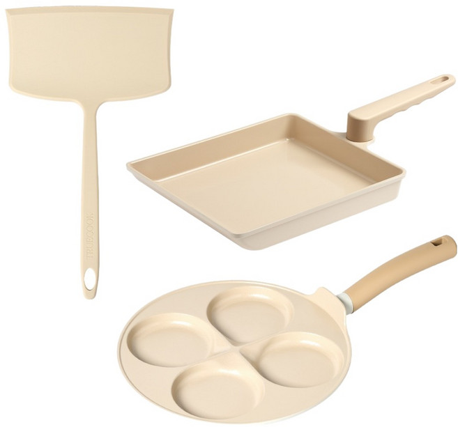 트루쿡 인덕션 IH 대형 세라믹 실리콘 에그팬 세트 3개, 자이언트 계란말이팬 + 자이언트 뒤집개 + 4구 에그팬, 1세트, 베이지