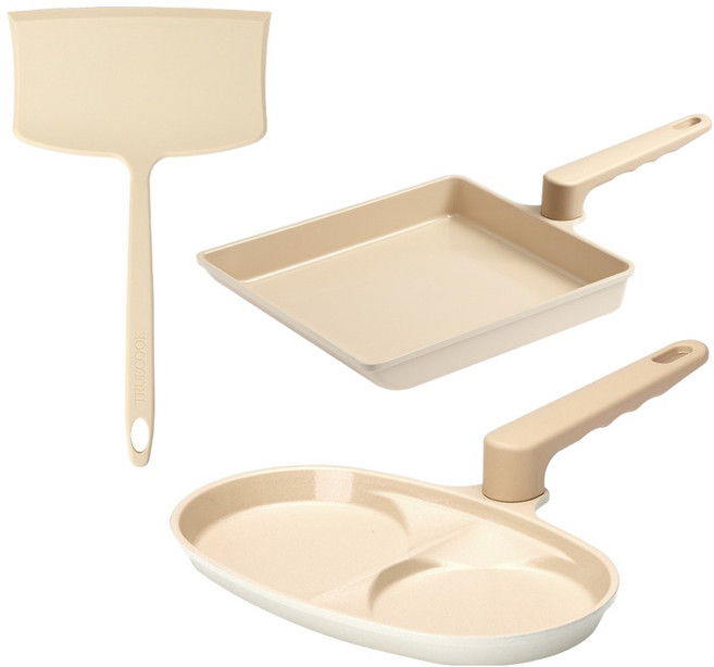 트루쿡 인덕션 IH 대형 계란말이팬 계란 후라이팬 세라믹 2구 에그팬 실리콘 뒤집개 세트 3개, 자이언트 계란말이팬 + 자이언트 뒤집개 + 2구 에그팬, 1세트, 베이지