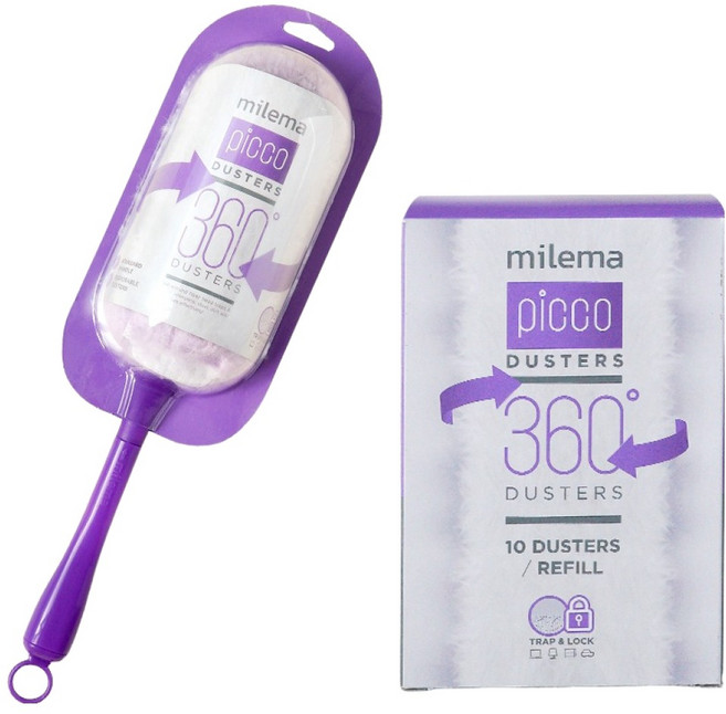 Milema Pico 360度雙面吸附除塵撣 紫色短柄 + 13入補充包組合, 紫色, 1套