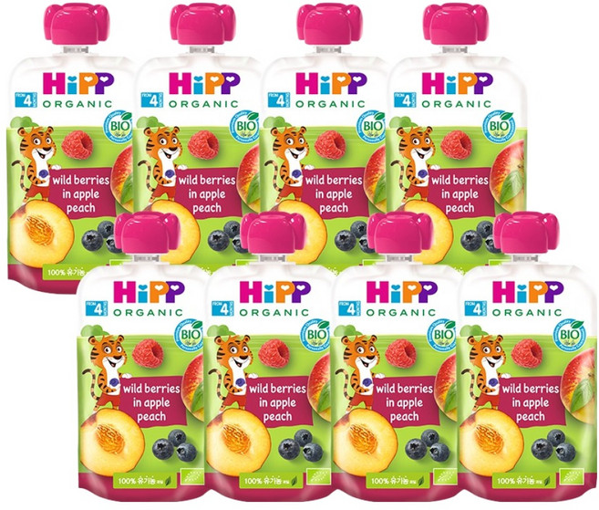 힙 유기농 과일 이유식 와일드베리 인 애플 피치, 혼합맛(사과/복숭아/블루베리/라즈베리), 100g, 8개