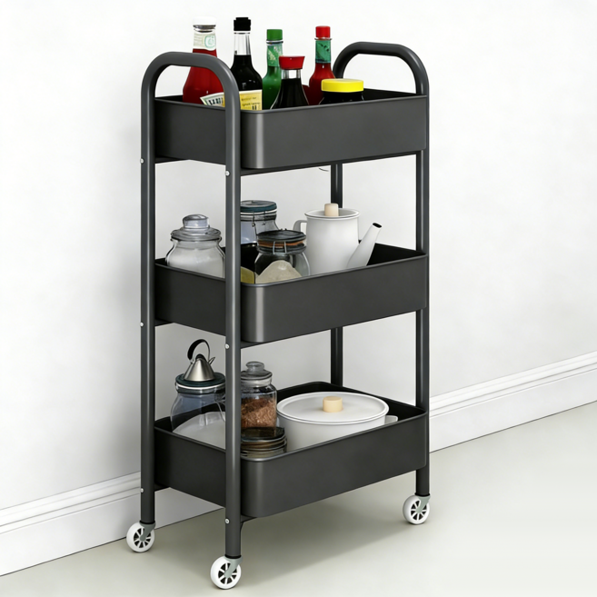 프란다스 이동식 튼튼한 다용도 수납 트롤리, 블랙, 3단