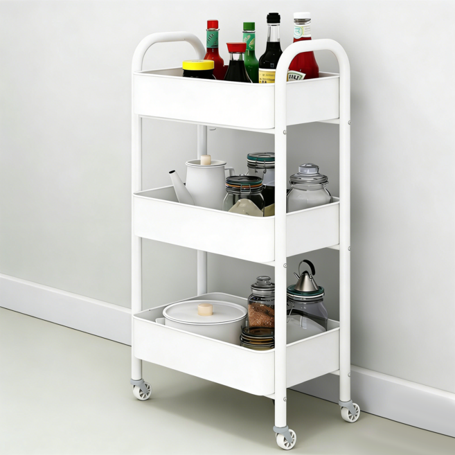 프란다스 이동식 튼튼한 다용도 수납 트롤리, 화이트, 3단