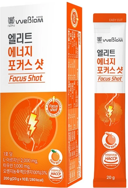 위바이옴 엘리트 에너지 포커스 샷 아르기닌 타우린 10p, 200g, 1개 - 쿠팡