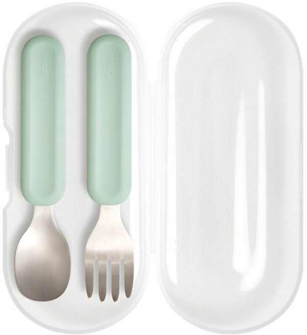 에디슨 이지 그립 실리콘 스푼 포크 케이스 세트, 1세트, 스푼 + 포크 + 케이스, 민트