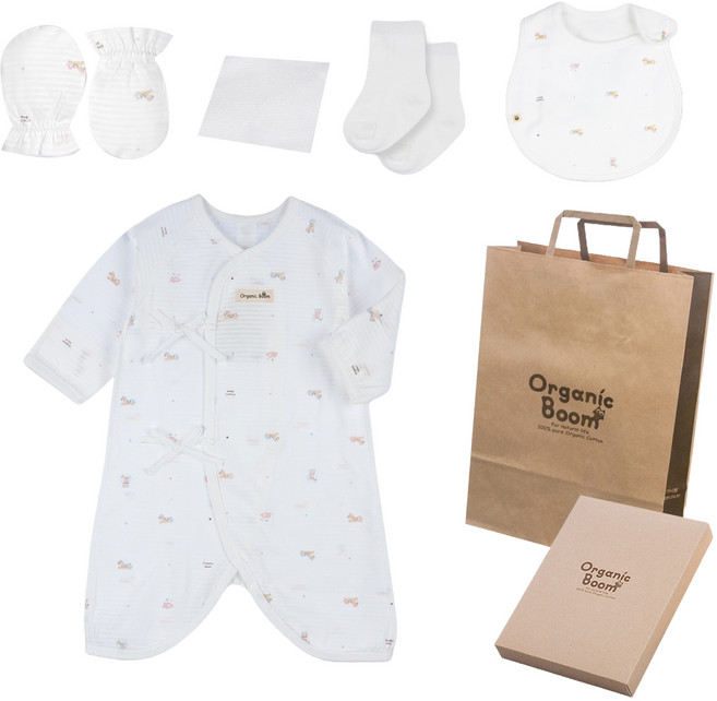 Organic Boom 馬年夏季用新生兒袍 + 圍兜 + 防抓手套 + 襪子 + 手帕 + 提袋 + 禮盒組
