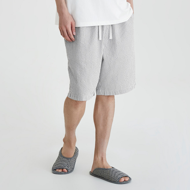 JAJU 남성용 코튼 시어서커 5부 라운지 팬츠