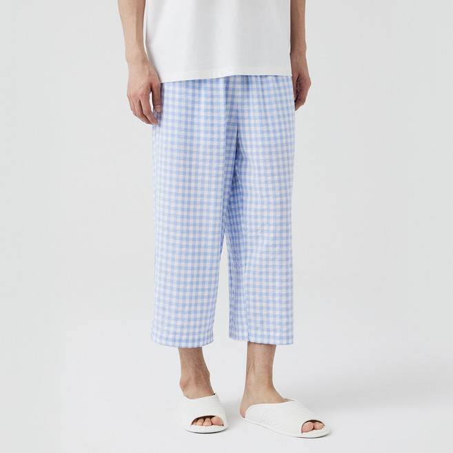 JAJU 男士人造絲棉質泡泡紗七分睡褲