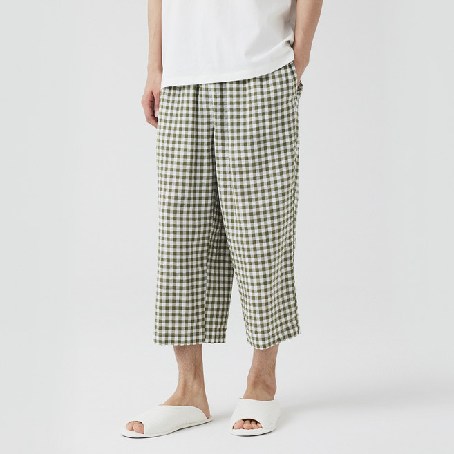 JAJU 남성용 레이온 코튼 시어서커 7부 파자마 팬츠